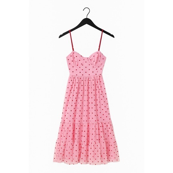 Betsey Johnson Dress Pink Velvet Hearts 4 Tulle Midi Dress Retro Pinup  Romantic
